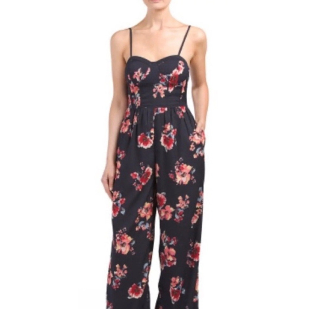 Band of Gypsies Moissanite Floral Wide Leg Jumpsuit Black Red Pink Womens‎ M